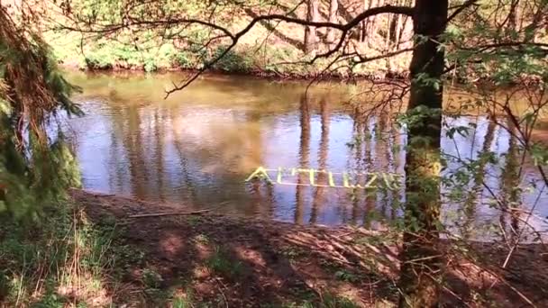 Inscripción Manzanas Verdes Flota Largo Del Río Vídeo Cámara Lenta — Vídeo de stock