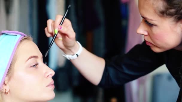 Professionell Make Artist Gör Upp Hemma Makeup Artist Färger Och — Stockvideo