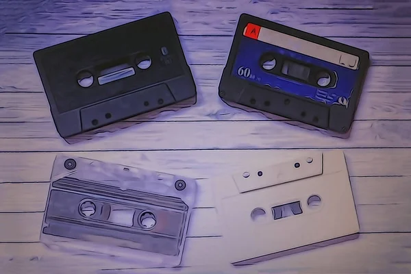 Gamla kassettband med trä bakgrund — Stockfoto