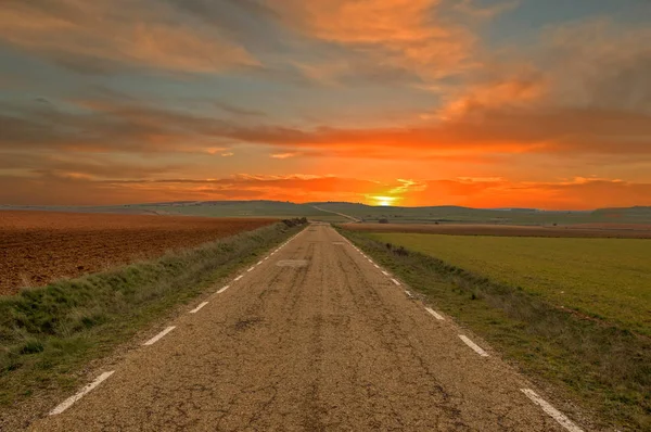 Camino a través del campo con cielo naranja y puesta de sol — Foto de Stock