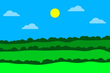 Vektör dağlık manzara ağaçlar, güneşin ve bulutların birlikte