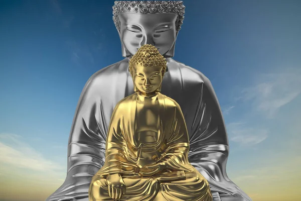 Mavi gökyüzünün altında meditasyon yapan birkaç Buda figürü.