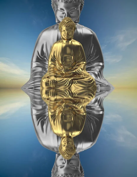 Várias figuras de Buda meditando e seu reflexo — Fotografia de Stock