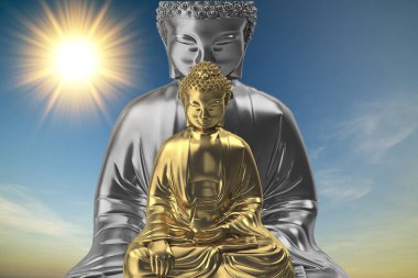 Mavi gökyüzünün altında meditasyon yapan birkaç Buda figürü.