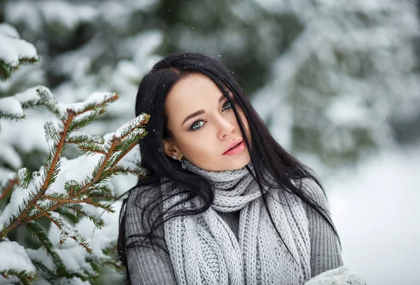 Mooi meisje portret buiten in een winter met sneeuw — Stockfoto