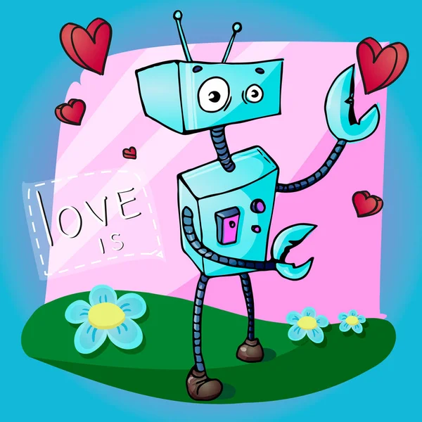 Dia dos Namorados cartão de saudação Cartoon Vector Ilustração do robô engraçado —  Vetores de Stock