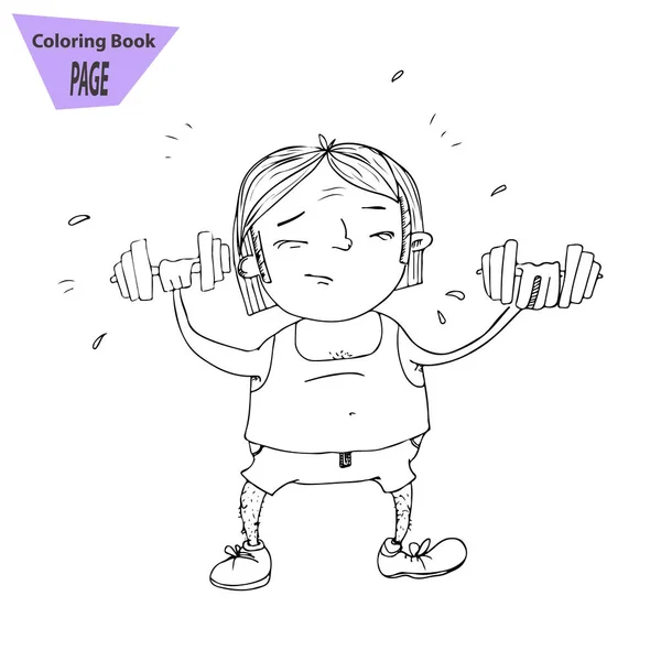 Ein Cartoon-Mann versucht Gewichte zu heben und seine Muskeln aufzubauen. — Stockvektor