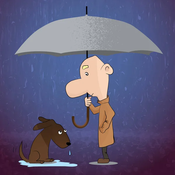 Guarda-chuva. A ilustração vetorial de um homem com guarda-chuva cobrindo um cão da chuva . — Vetor de Stock