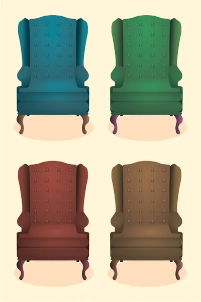 Chair realistic icon set four identical chairs with wooden legs vector illustration — Stock Vector