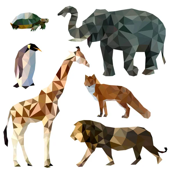 Conjunto vectorial de diferentes animales, iconos poligonales, baja poli ilustración, zorro, león, elefante, jirafa, tortuga, pingüino — Archivo Imágenes Vectoriales