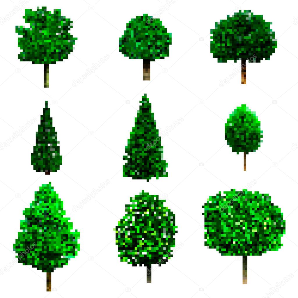 Pixel art trees collection isolated on white. vector trees set