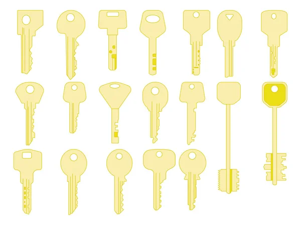 Chiavi icone impostate, isolate. Chiusura e apertura porte. Oro chiavi segni e simboli collezione . — Vettoriale Stock