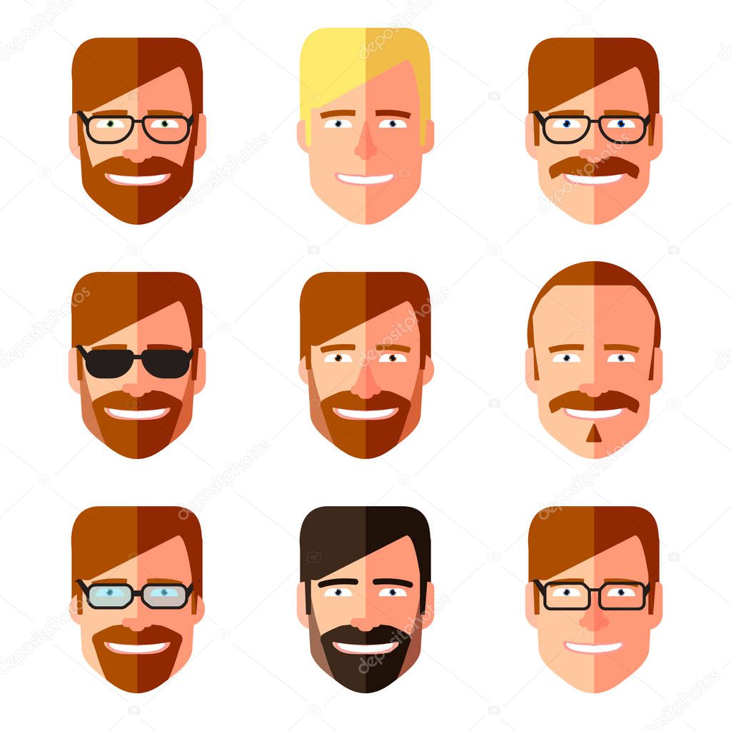 Set of men s faces with different haircuts, mustaches, beards and glasses. Flat design. Silhouettes, emblems, icons, labels isolated on white background.