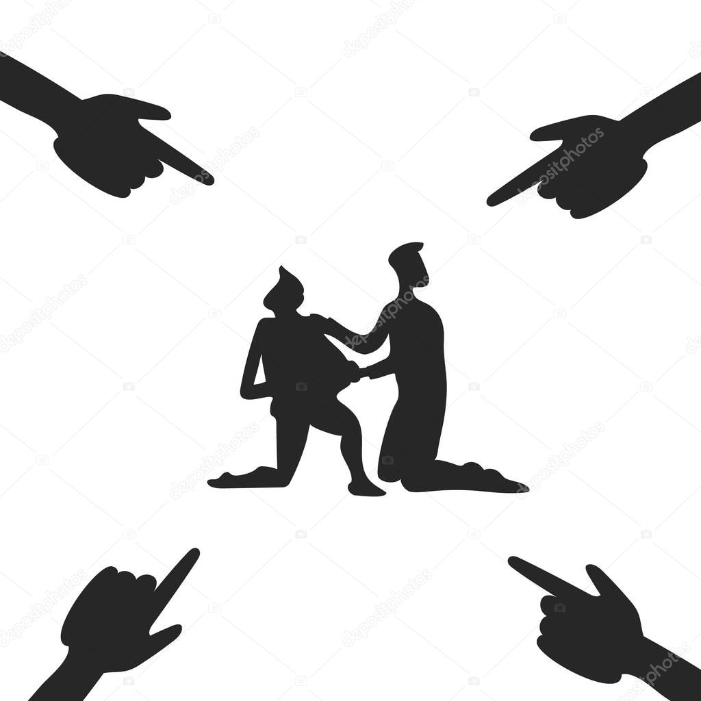 Accused men and hands pointing them. Accused people