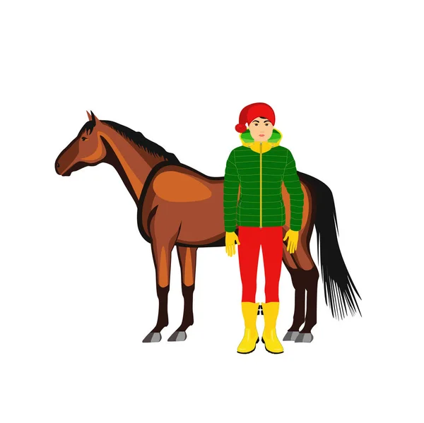 穿着冬衣和马的男孩 — 图库矢量图片