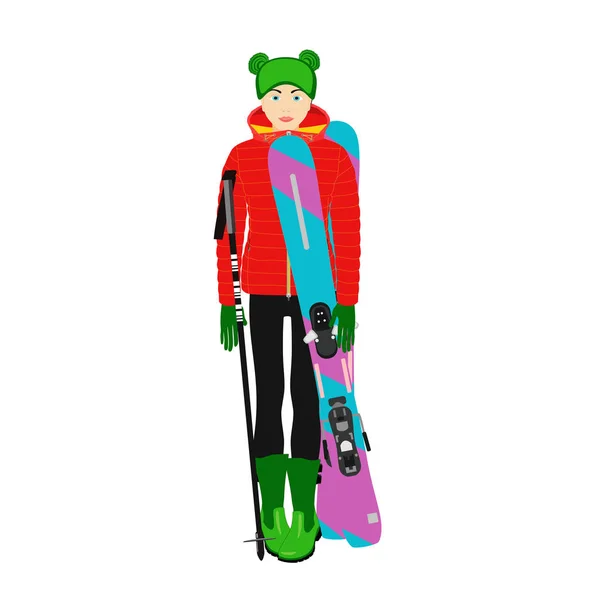 Chica Ropa Invierno Con Esquís — Vector de stock