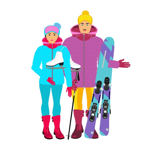 Patenli Kayaklı Bir Kadınla Bir Adam — Stok Vektör