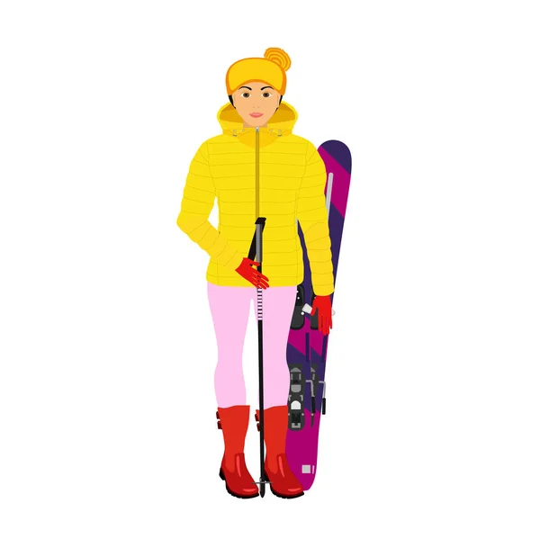 Woman Winter Clothes Skis — Stock Vector