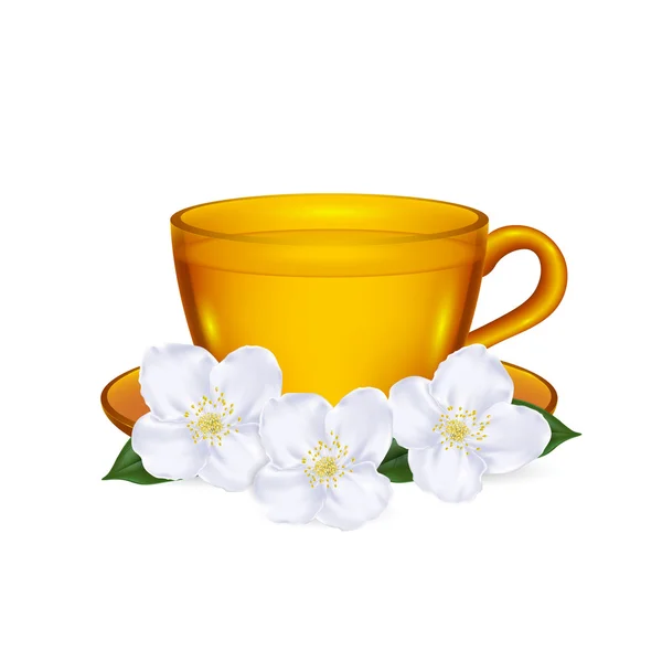 Cam bardak çay ile yasemin beyaz zemin üzerine