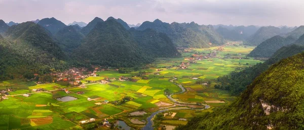 Rijst-veld in de vallei rond met panorama uitzicht op de bergen in Bac zoon vallei, Lang Son, Vietnam — Stockfoto