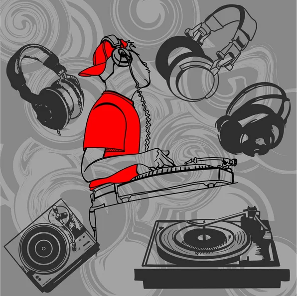 Ilustración de un DJ en la consola, rodeado de auriculares y reproductores Vectores de stock libres de derechos