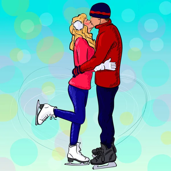 Amante casal beijando enquanto de pé sobre os patins — Vetor de Stock