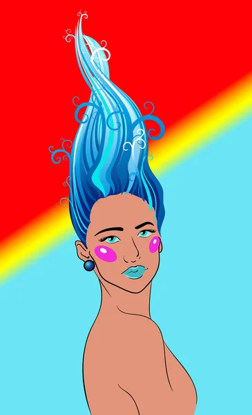 Друкувати дівчину з синіми хвилями волосся завитки на контрастному фоні — стоковий вектор
