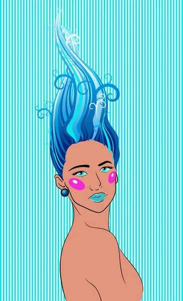 Imprimir chica con ondas de pelo azul rizos sobre un fondo de rayas turquesa — Vector de stock