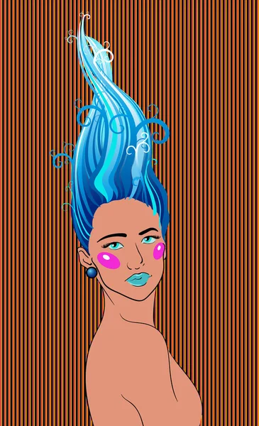 Imprimer fille avec des vagues de cheveux bleus boucles sur un fond rayé moucheté — Image vectorielle