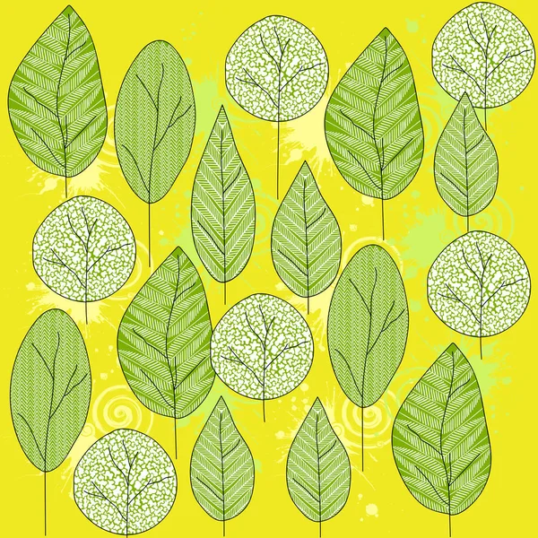 Drukuj tło zestaw kontur liścia z teksturą na żółtym tle — Wektor stockowy