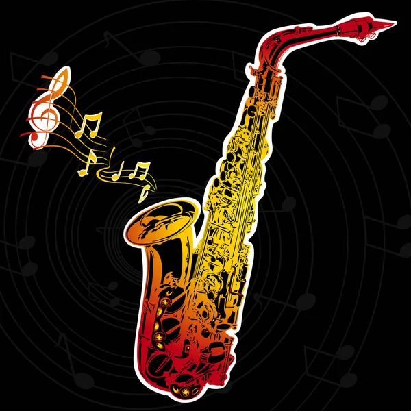 Ilustración de un saxofón con notas de colores — Vector de stock