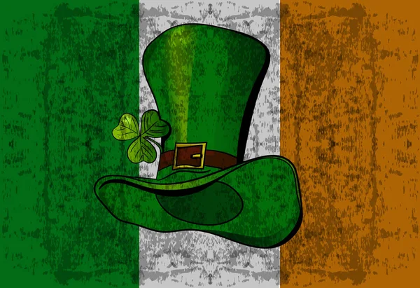 Imprimir el sombrero de duende en el fondo de la bandera de Irlanda — Vector de stock