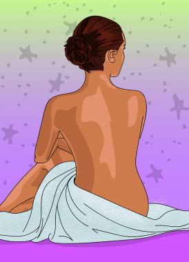 bize, bir havlu ile kaplı arkası oturan kız