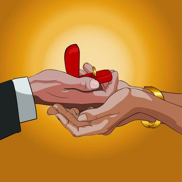 Männliche und weibliche Hände halten den Ring, um einen Heiratsantrag zu machen — Stockvektor