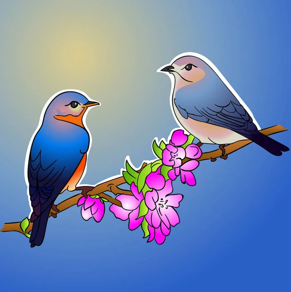 Imprimir dos pájaros sentados en una rama en flor — Vector de stock