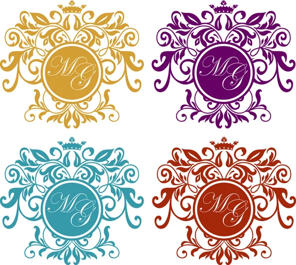 Retro Royal escudos vintage conjunto logo. Calligraphyc vector elementos de diseño de lujo del logotipo. Signos de negocios, logotipos, identidad, Spa, hoteles, elementos de iconos. Diferente esquema de color — Vector de stock