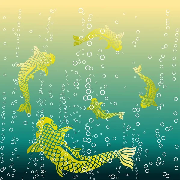 距離にイエローゴールドの魚が泳ぐ。白い泡の背景。水中の世界 — ストックベクタ