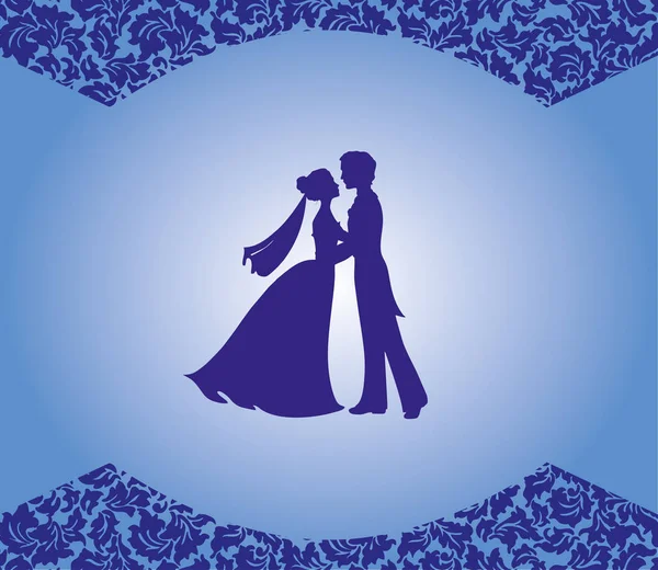 Fondo para la boda, azul con adorno y silueta de los recién casados — Archivo Imágenes Vectoriales