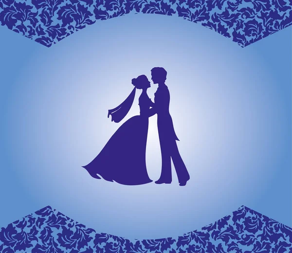 Fondo para la boda, azul con adorno y silueta de los recién casados Vector de stock