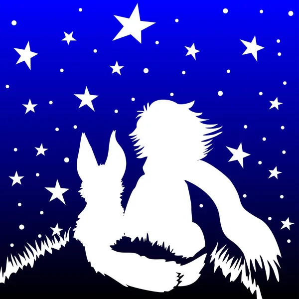 Silhueta Branca Pequeno Príncipe Com Uma Raposa Olhando Para Estrelas Ilustração De Stock