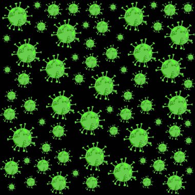 Koronavirüs kusursuz desen, siyah arka planda koronavirüs. Covind-19, yeni koronavirüs salgını, 2019-nCoV, bakteri.