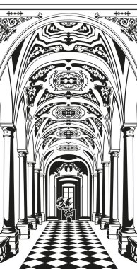 Sütunlarla klasik bir iç mekan. Bakış açısında sütunlar. Tonozlu tavan.