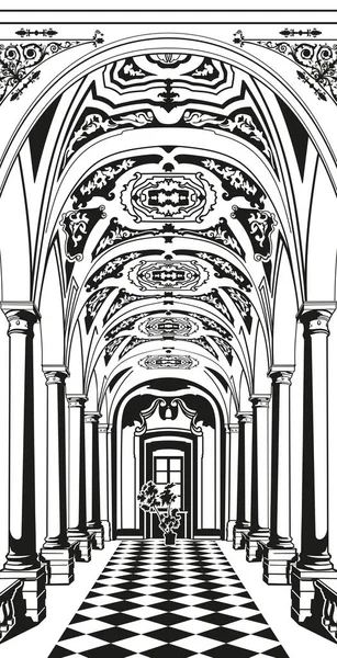 Классический Интерьер Колоннами Колонны Перспективе Сводчатый Потолок — стоковый вектор