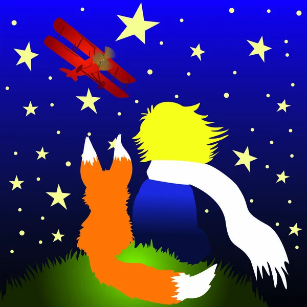 Uma Ilustração Clara Pequeno Príncipe Com Fox Olhando Para Estrelas Vetor De Stock