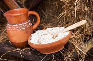 Süt ürünleri ahşap masa üzerinde. Peynir ve süt bir toprak çanak tablo. Kırsal gıda. Gıda arka plan.