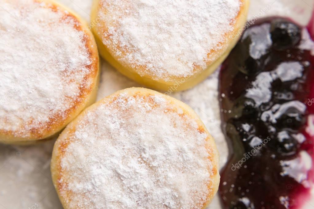 food photo. the cheesecakes strewed with icing sugar close up.