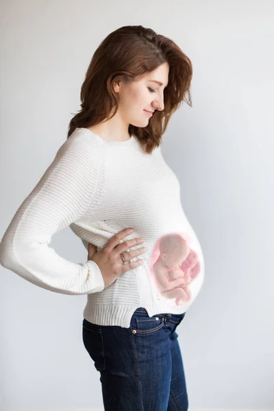 Superimposed newborn baby inside the mothers pregnant belly. a concept of development of a foetus in mothers tummy. Smiling pregnant woman posing on a white wall background. — Stock Photo, Image