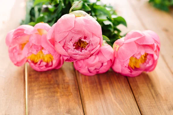 holidays flower and floral arrangement concept - closeup on bouquet of pink peony, light purple petals, yellow stamens and drops of dew, freshness of natural plant, isolated on wooden table.