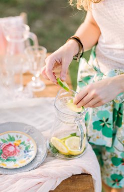 piknik, insanlar, gıda, yaz, tatil kavramı - kokteyl limonata eller genç kadının karışımı bir cam testi, tablo ile bayram yemekleri, limon, limon ve nane yaprakları dilim alkolsüz, gözlük.
