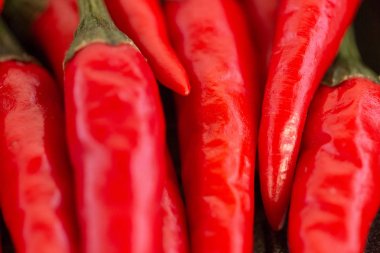 kırmızı sıcak biber, popüler baharatlar kavramı - kırmızı taze biber biber, çok lezzetli makro oldukça sulu bakla yeşil kuyrukları, üstten görünüm, düz yatıyordu ile temiz.